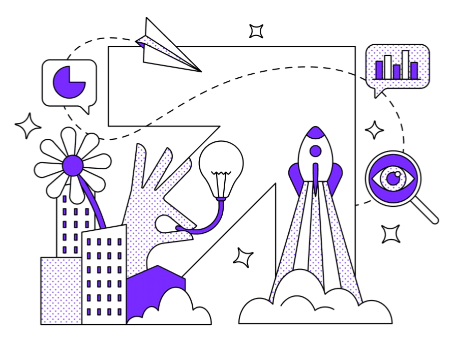 illustration of a north east arrow covered with a rocketship, light bulb, flower and buildings