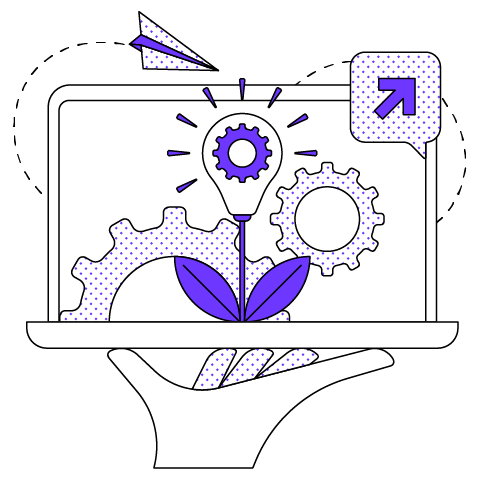 Learn more graphic of a laptop computer being held by a hand